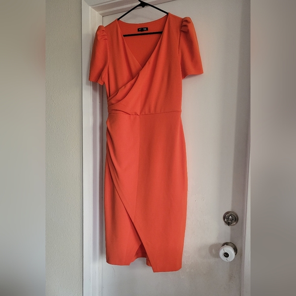 Express Orange Wrap Midi Dress Puff Sleeve V-Neck Size Medium - Picture 1 of 6